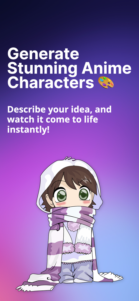 Anime AI: Photo to Manga Art - Cute chibi anime character in a scarf with text about generating stunning anime art