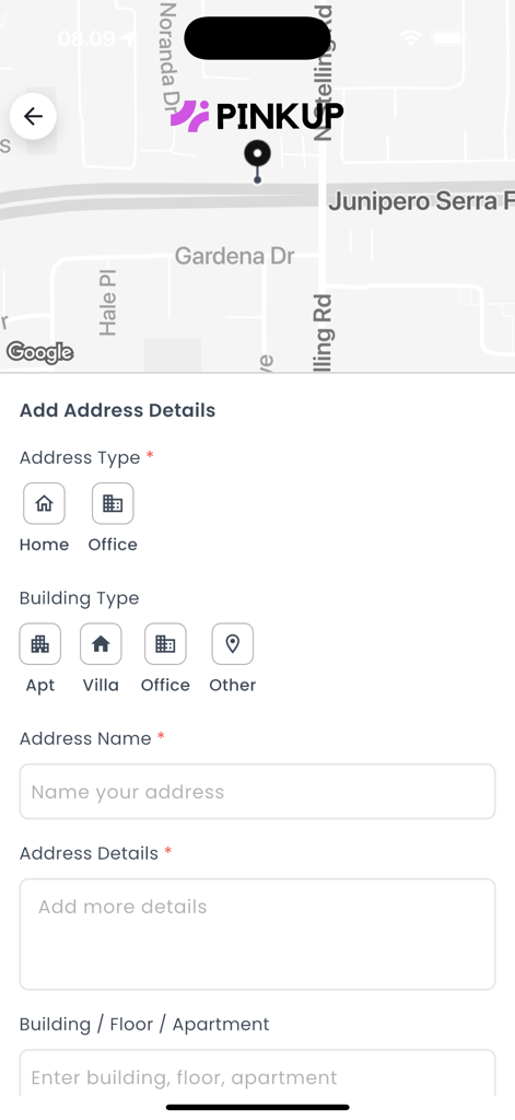 PinkUp - Interface of the PinkUp app showing the add address details screen with options for home office and building types