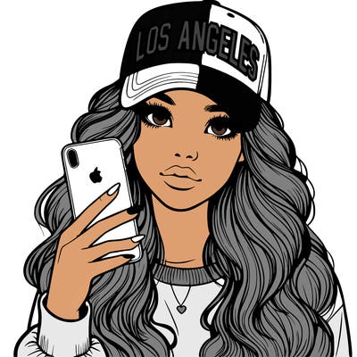 realistic beautiful girl wearing los ángeles cap holding an iphone