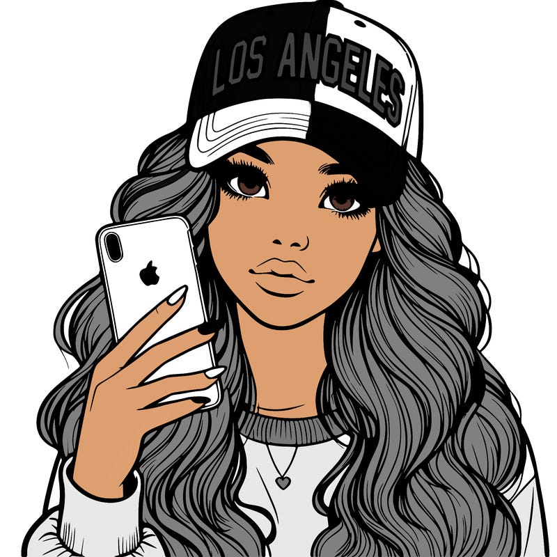realistic beautiful girl wearing los ángeles cap holding an iphone
