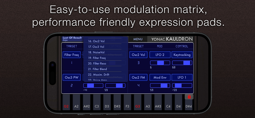 Kauldron Synthesizer modulation matrix and expression pads on iPhone