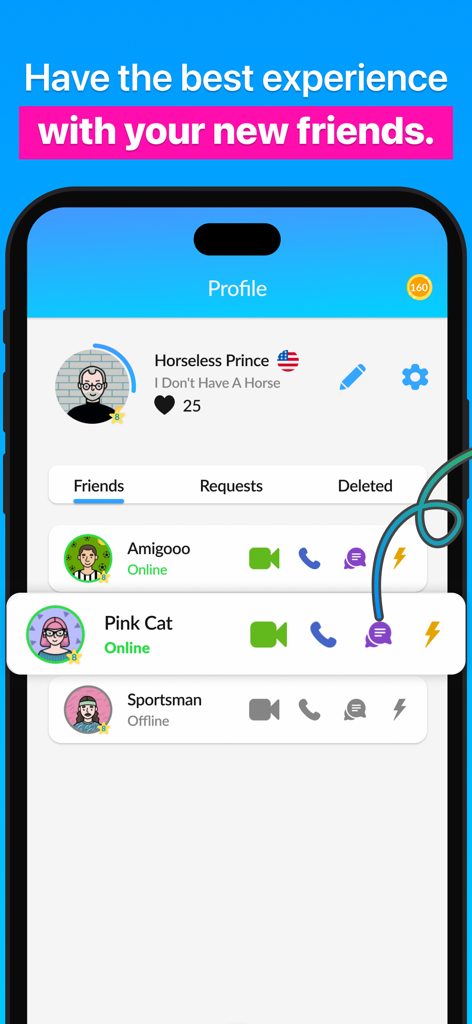 BlindID: Live & Group Chat - BlindID user profile screen displaying a list of friends and chat options