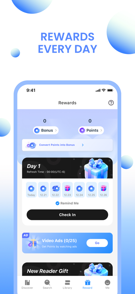 Écran des récompenses de l'application NovRead avec un calendrier d'enregistrement quotidien et des options pour gagner des points en regardant des publicités vidéo.