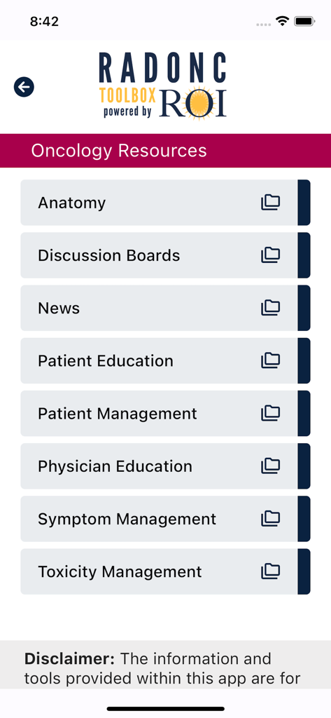 RO Toolbox - Main menu of the RO Toolbox app displaying oncology resource categories including patient education and toxicity management.