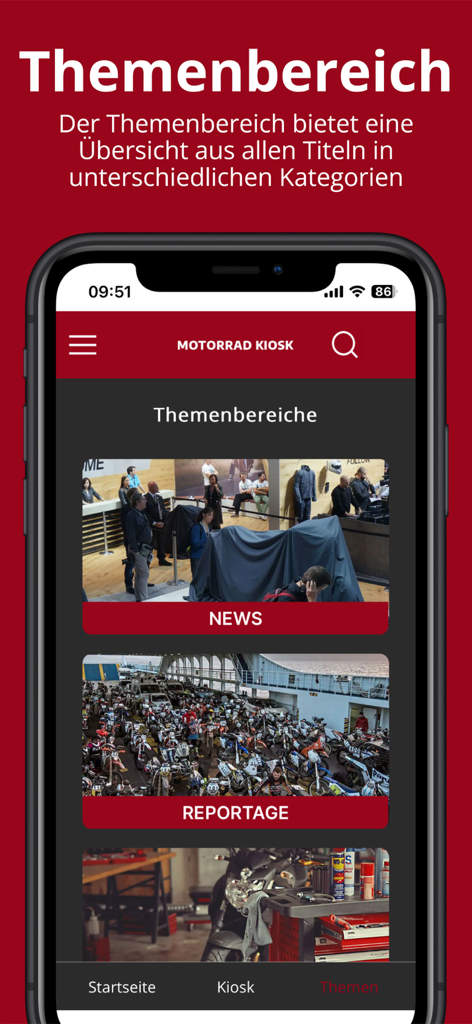 Motorrad Kiosk - Interfaz de la aplicación Motorrad Kiosk mostrando categorías de contenido especializadas que incluyen noticias y reportajes para entusiastas de las motocicletas