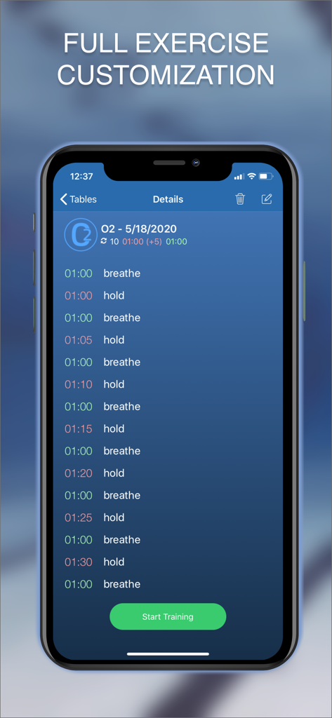 STAmina Apnea Trainer - STAmina Apnea Trainer interface showing exercise customization for an O2 table.