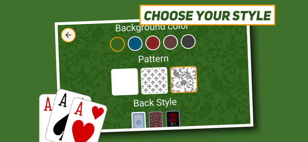 Solitaire: Classic & Klondike - Menu for selecting background colors patterns and card back designs in Solitaire