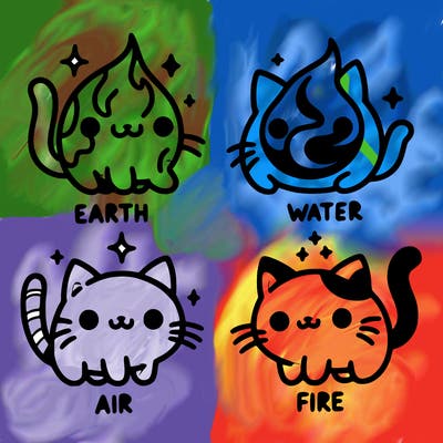 4 cats that represent the different elements, earth, water, air, and fire