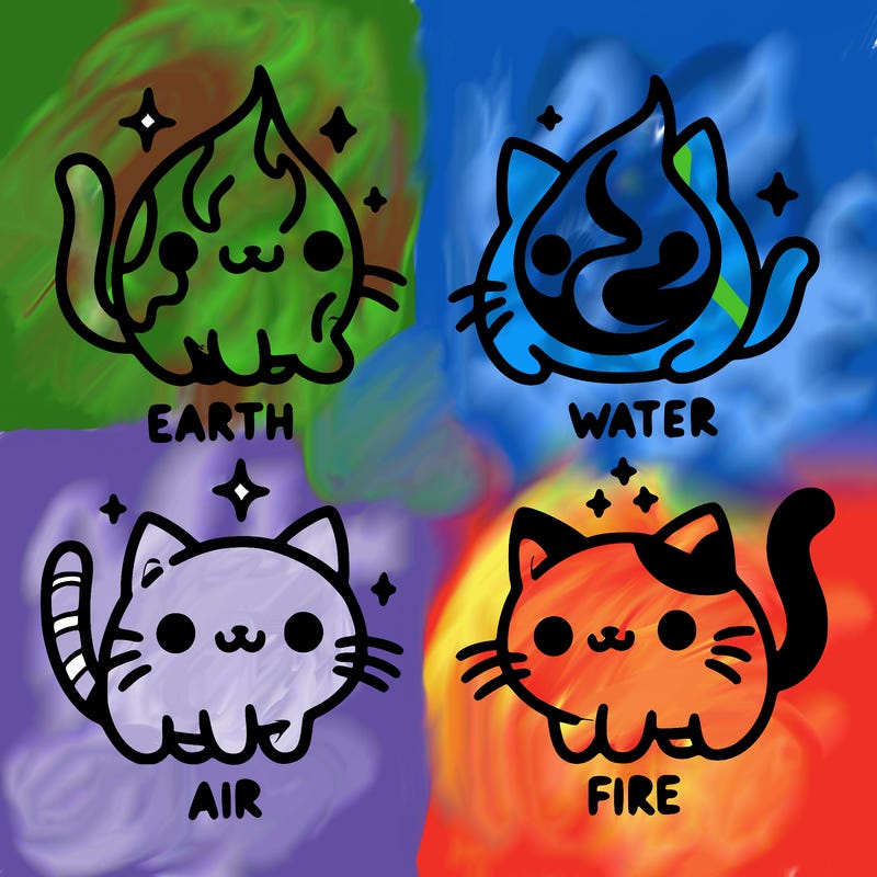 4 cats that represent the different elements, earth, water, air, and fire