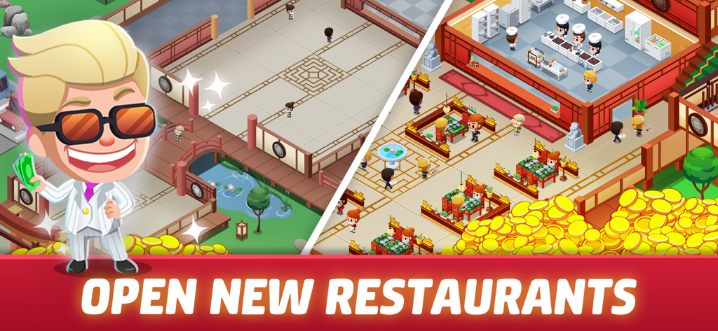 Idle Restaurant Tycoon: Empire - Comparaison entre un restaurant vide et un restaurant amélioré et animé avec un personnage de magnat tenant de l'argent