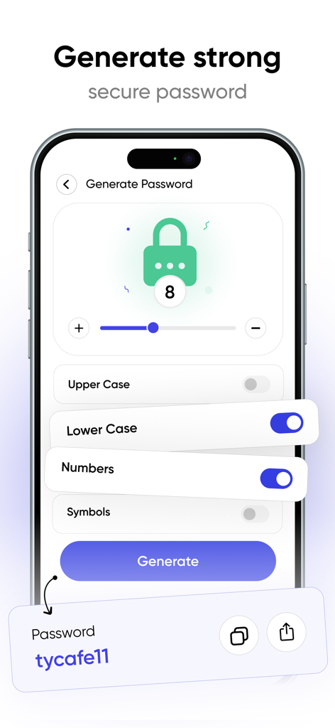 Wifi Password + Wifi Finder - Interface for generating secure passwords with customizable length and character types