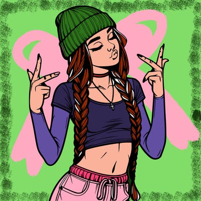 realistic teenage girl with braids and a beanie and crop top doing 🫶🏼