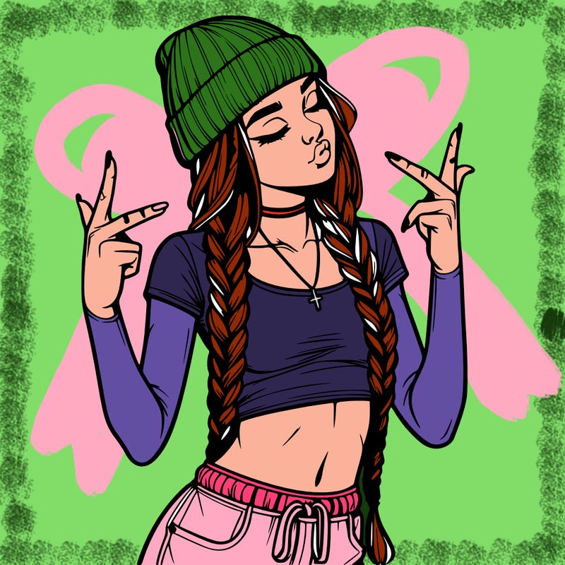 realistic teenage girl with braids and a beanie and crop top doing 🫶🏼
