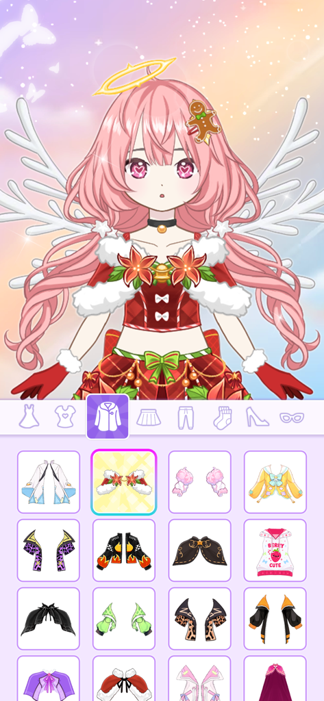 Anime Dress Up - Doll Dress Up - Anime character customization screen featuring a pink haired girl in a festive holiday outfit with wings