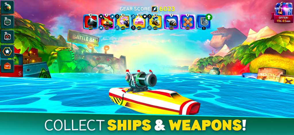 Battle Bay - Battle Bay mobile game screenshot showing a customizable ship and weapon selection icons with a tropical background