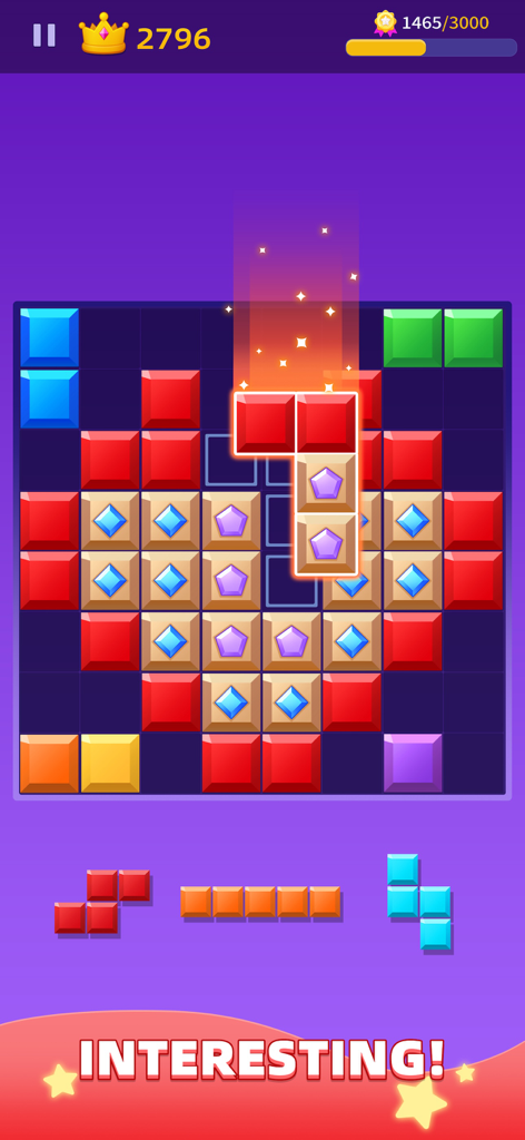 Block puzzle game screen showing colorful jewel blocks forming a heart shape