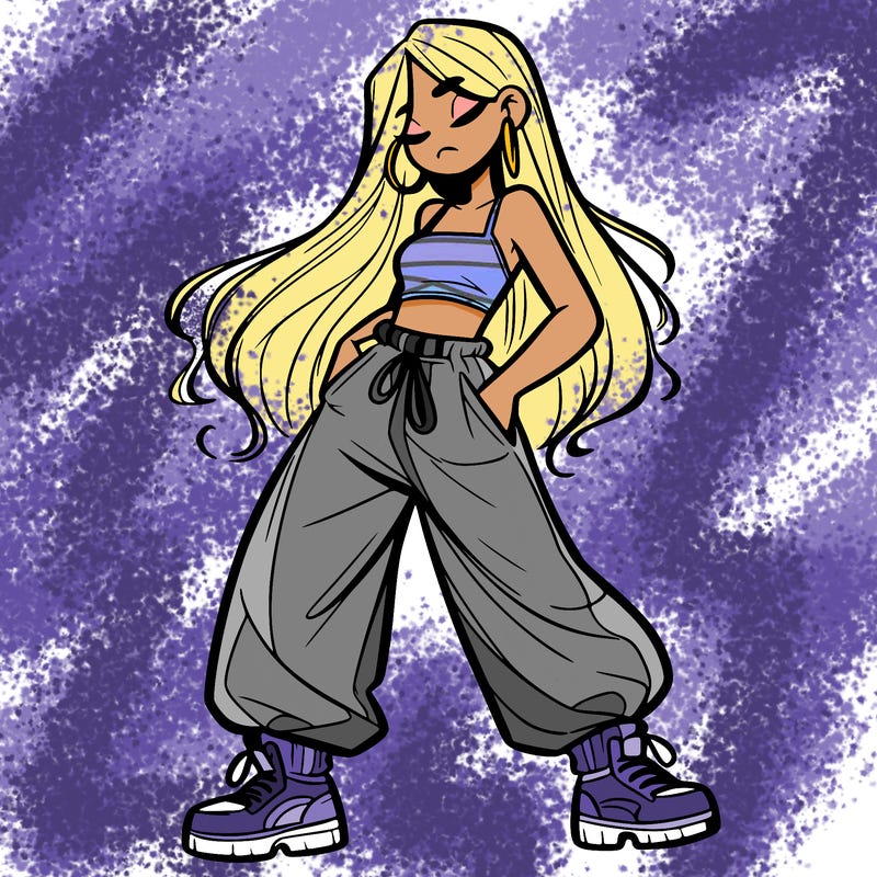 girl in baggy pants crop top and long hair