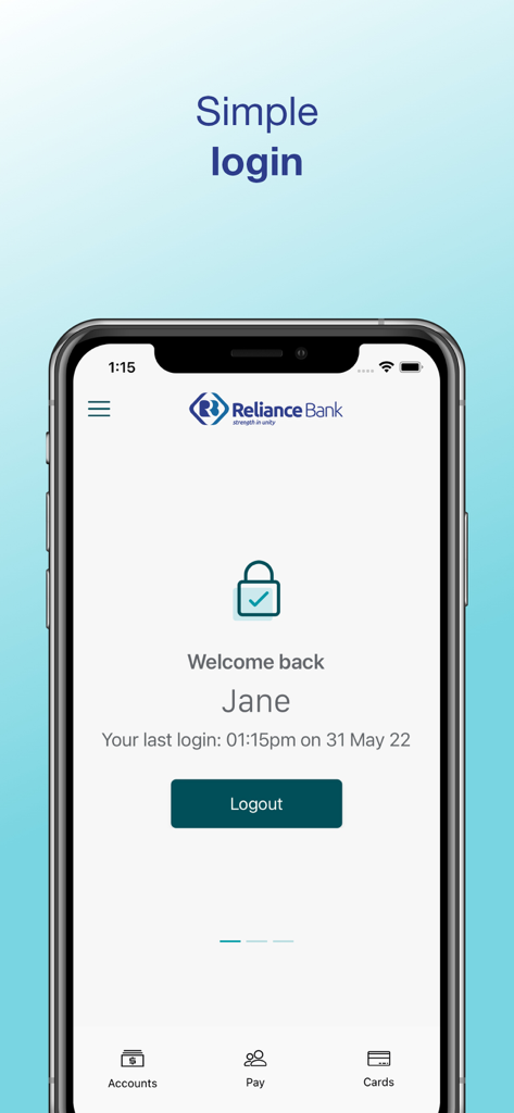 Reliance Bank - Reliance Bank mobile app simple login screen showing a welcome message for a user.