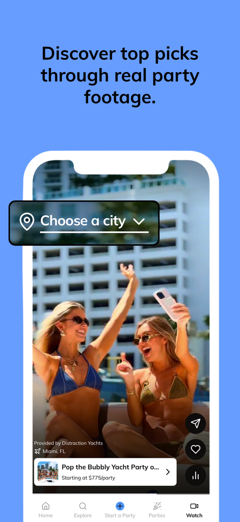 Screenshot of Batch app showing real party footage of friends enjoying a yacht party in Miami