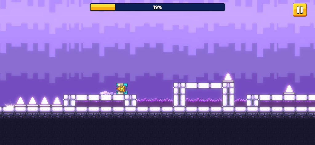 Gameplay de Hero Dash Jump montrant un personnage carré sautant par-dessus des obstacles géométriques dans un niveau violet.