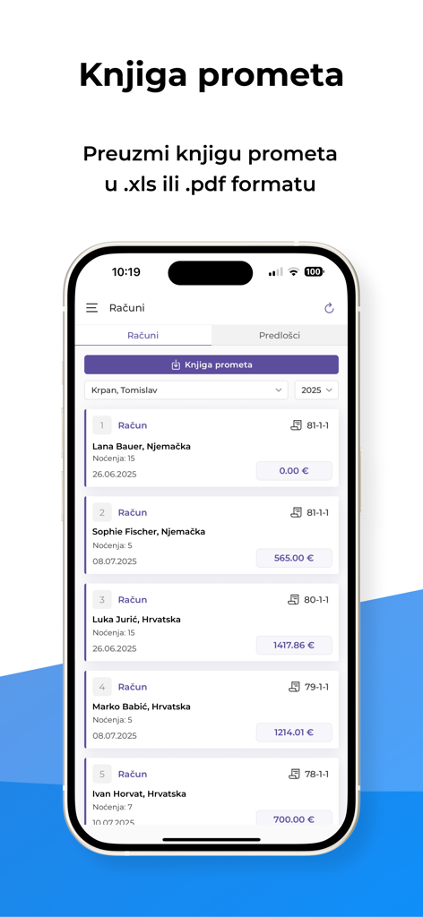 eCheckin - Capture d'écran de l'application mobile eCheckin montrant une liste de factures d'invités et les options pour télécharger le grand livre des ventes en PDF ou Excel.