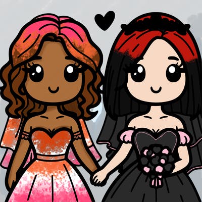 two girls getting married one with curly hair and the other with straight hair