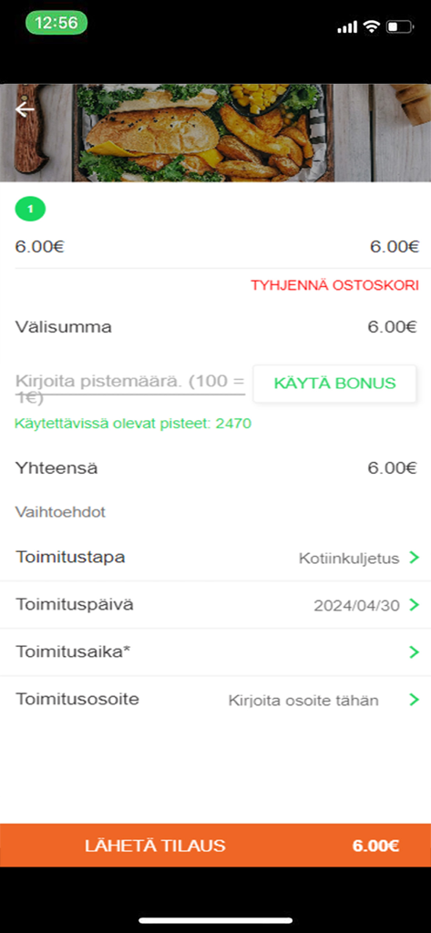 Ravintola The Chili's - Mobile App-Kassenoberfläche für das Restaurant The Chilis mit einer Bestellübersicht und Lieferoptionen