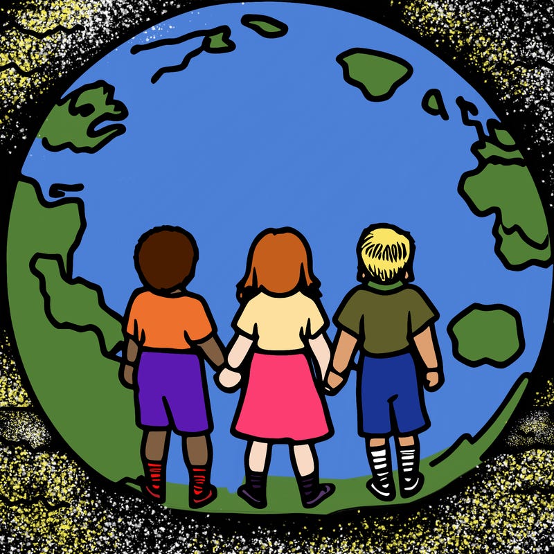 children holding hands around the earth