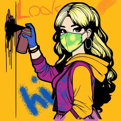 realistic girl with mask spray painting a wall