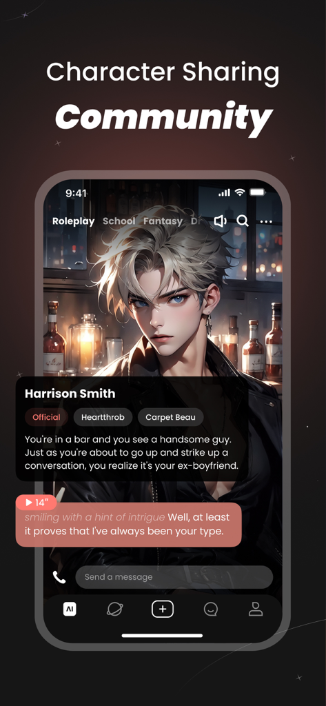 SynClub app interface showing an anime AI character named Harrison Smith in a roleplay chat scenario