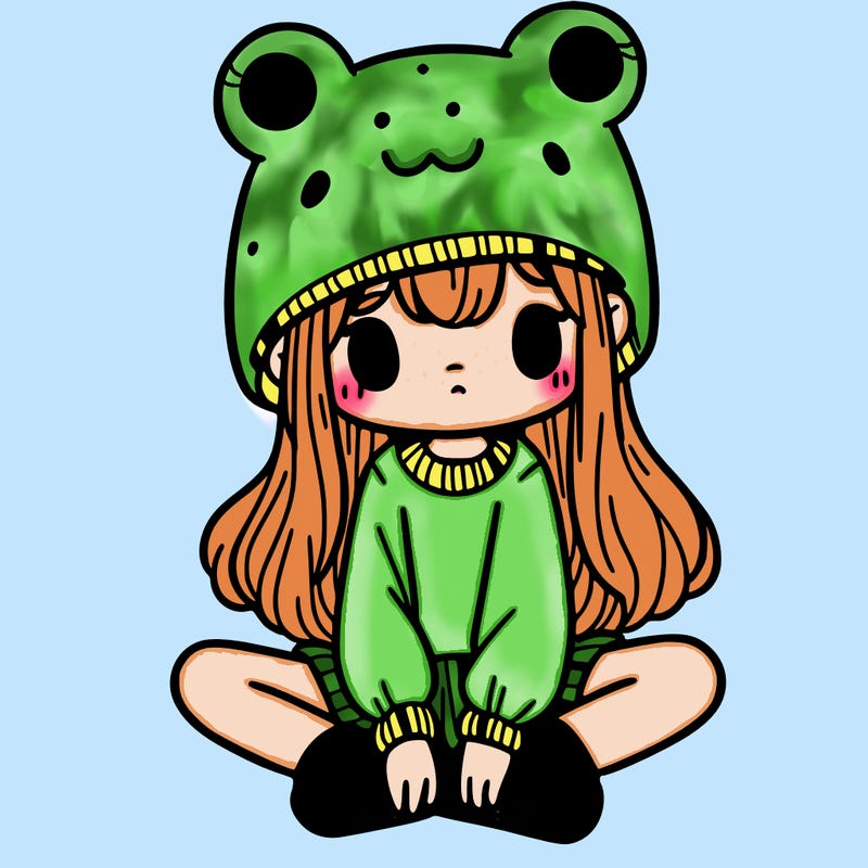 a girl wearing a frog hat and some frog socks