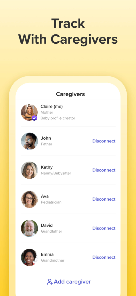 Glow Baby app interface showing a list of connected caregivers including parents, nanny, pediatrician, and grandparents