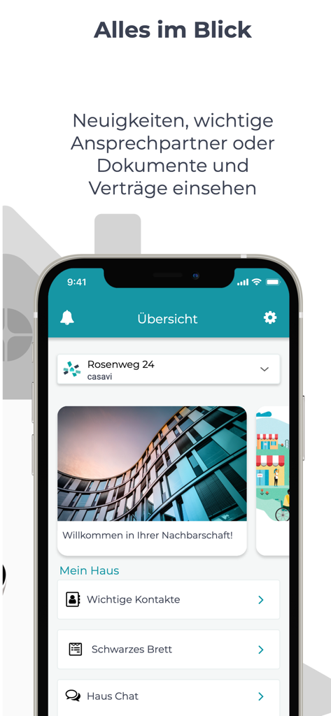 casavi - Schermo di uno smartphone che mostra la dashboard dell'app casavi con notizie sugli alloggi e contatti della comunità