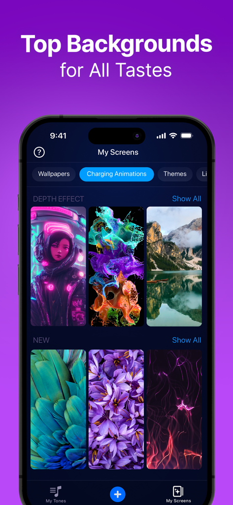 Smartphone screen showing a collection of aesthetic depth effect wallpapers in the Ringtune app