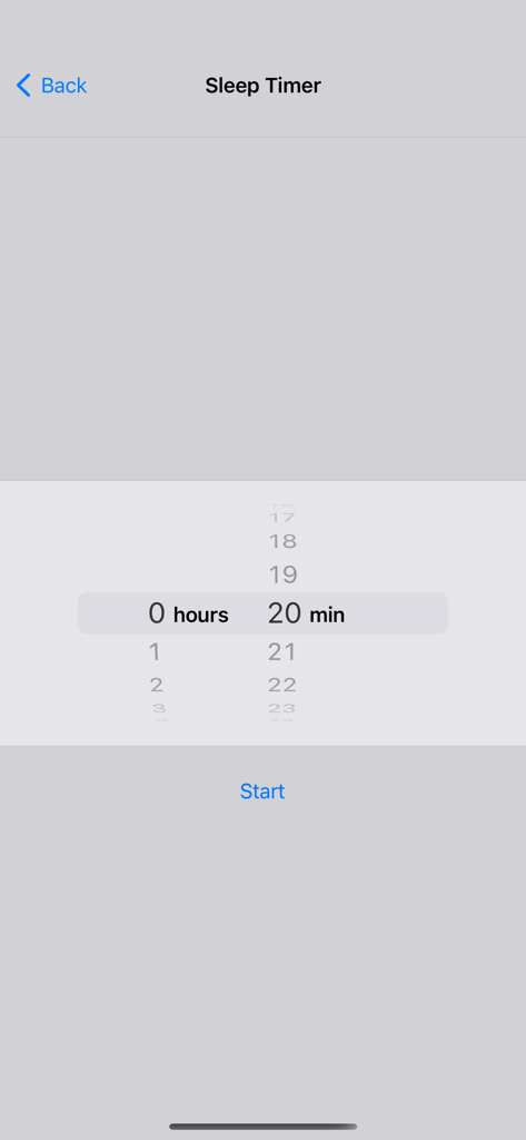 Bloom - Minimalist sleep timer screen in the Bloom app showing a time picker set to 20 minutes.