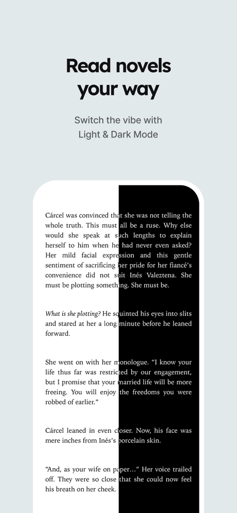 Split screen demonstration of light and dark mode in the Tappytoon novel reader
