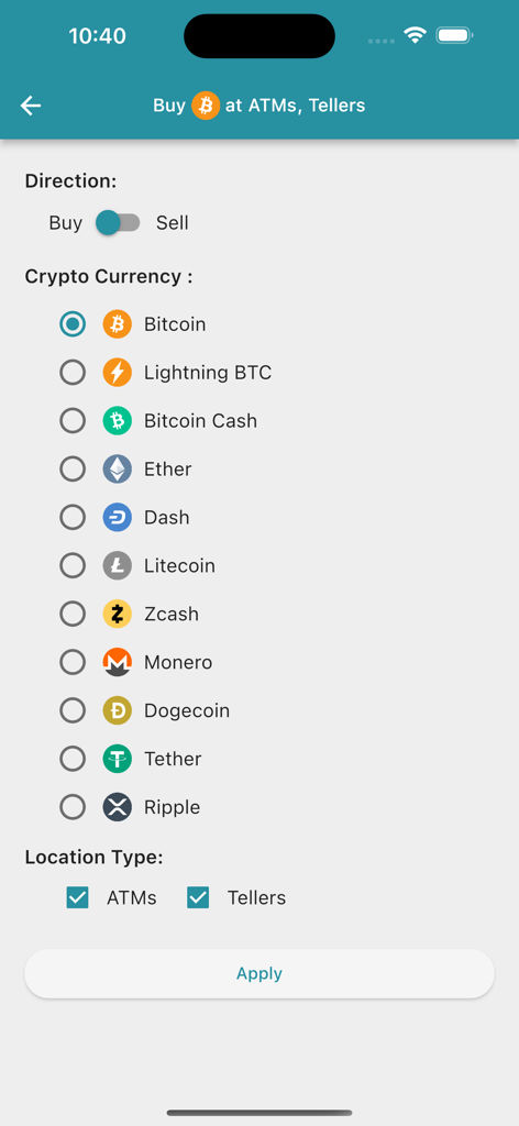 Screen showing filter options for cryptocurrency type and transaction direction in the CoinATMRadar app
