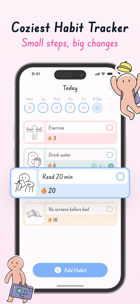 Cozy - Cute Habit Tracker - Daily habit tracking interface in the Cozy app featuring pastel color themes and cute hand drawn icons for habits like reading and exercise