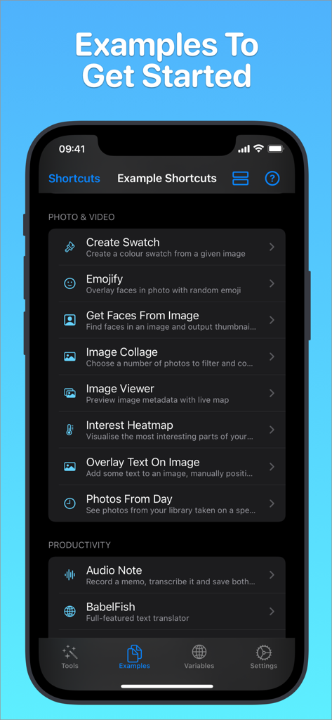 Toolbox Pro for Shortcuts - 사진, 비디오 및 생산성 자동화를 위한 예제 액션 목록을 보여주는 Shortcuts용 Toolbox Pro 앱 스크린샷