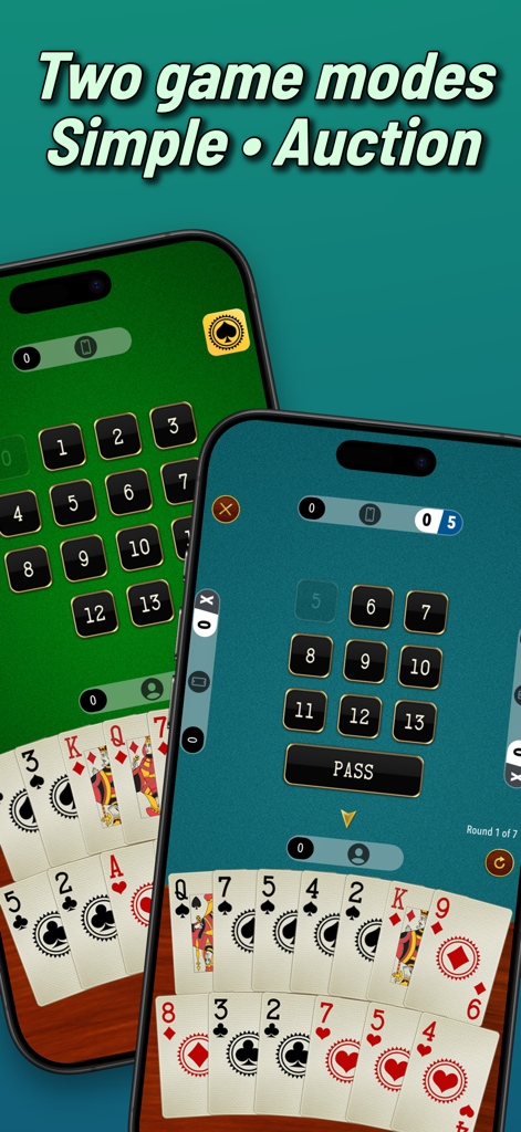 Batak Online trick taking game - Interface do jogo de cartas Batak Online exibindo opções de lances e dois modos de jogo em telas de celular.