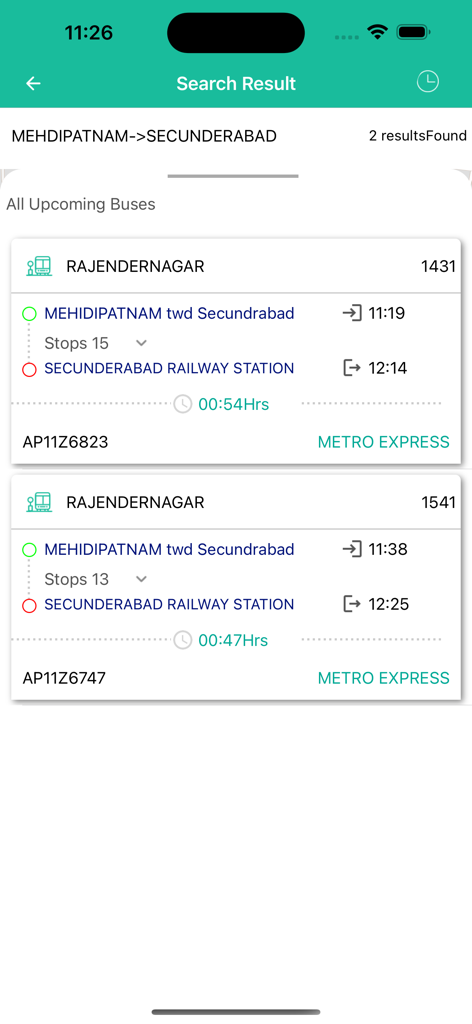 TGSRTC Gamyam - Screen showing bus search results in the TGSRTC Gamyam app with live tracking and estimated arrival times for Metro Express buses.