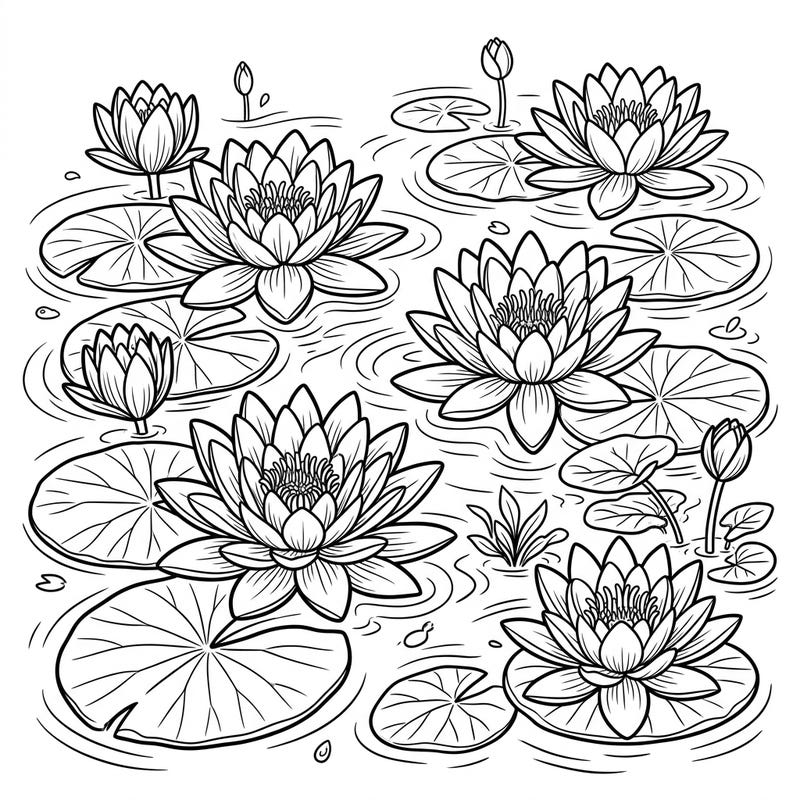 Dive into tranquility with this water lilies coloring page, thoughtfully designed for seniors. Featuring large, clear outlines of beautiful blooms and floating pads, it offers a relaxing and accessible creative escape.