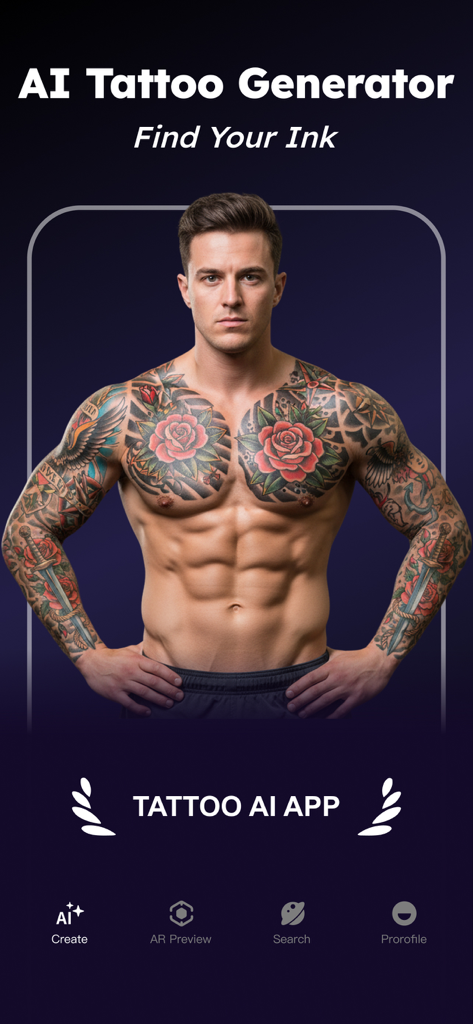 Interface do usuário do aplicativo Tattoo AI apresentando um homem com tatuagens detalhadas no peito e braço