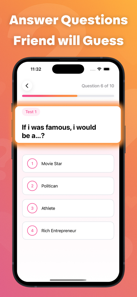 Pantalla de la aplicación "¿Quién me conoce mejor?" mostrando una pregunta de personalidad sobre ser famoso con opciones de respuesta múltiple