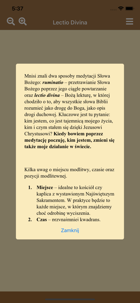 Lectio Divina - On Jest - Una captura de pantalla de la aplicación Lectio Divina que muestra una ventana emergente con instrucciones de meditación y oración.