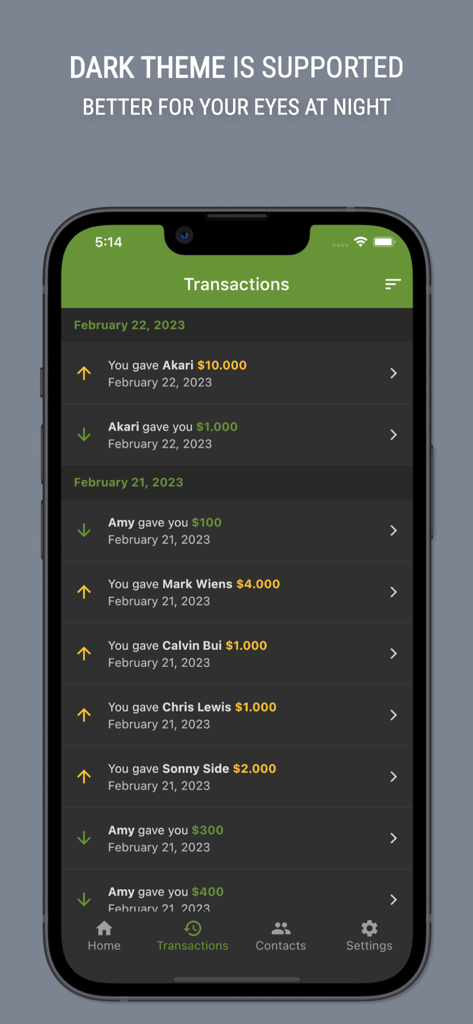 Sono: Debt tracker and manager - Smartphone screen showing the transactions list of the Sono debt tracker app in dark mode