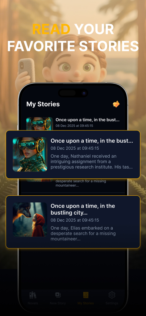AI Story Generator - Story AI - A screen showing the My Stories library in the AI Story Generator app with saved stories and AI generated covers