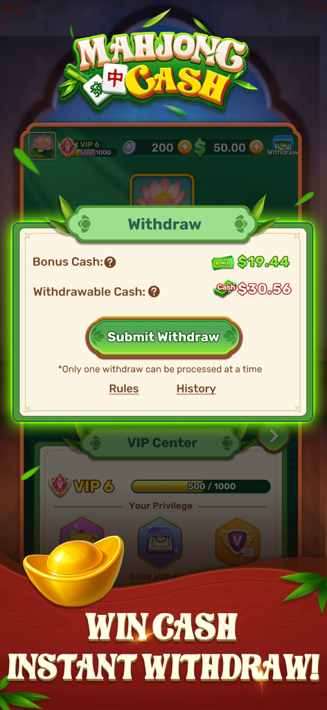 A screenshot of Mahjong Cash showing the withdraw interface with real money rewards and a submit withdraw button over an oriental garden background.