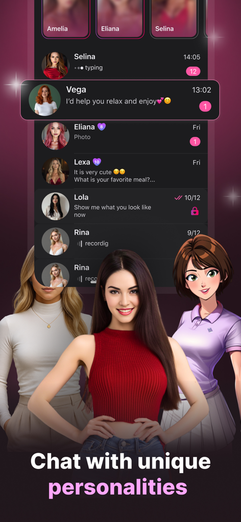 Luna: Chat with AI Character - A mobile interface from the Luna app showing various AI companion personalities and chat notifications.