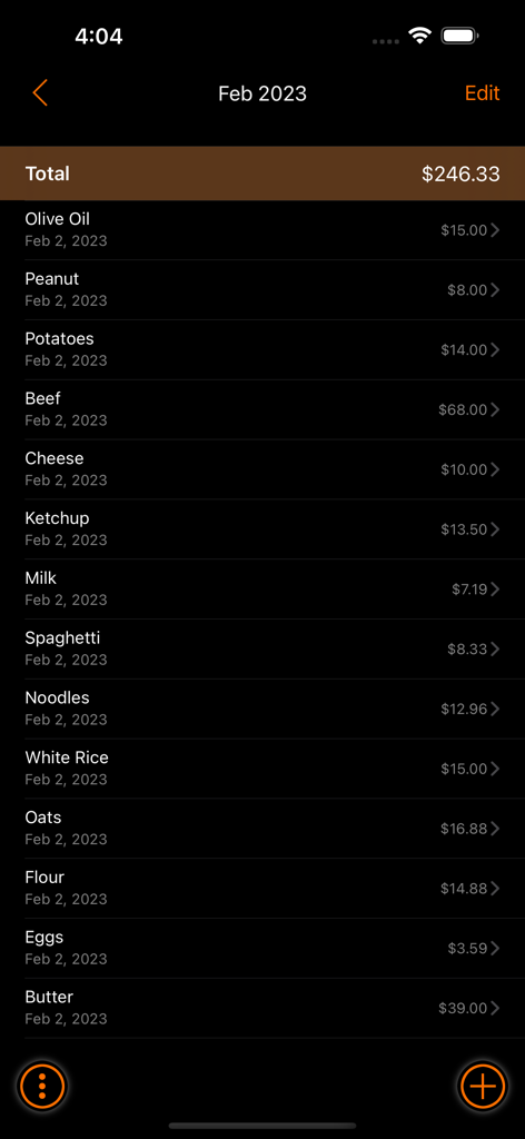Simple Family Accounting app interface showing a detailed list of grocery expenses with prices and a total sum